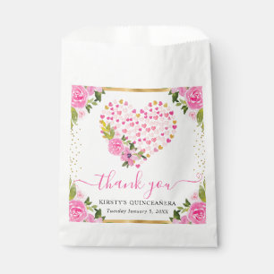 Sachets En Papier Cœur de fleurs rose en aquarelle et or pour Quince