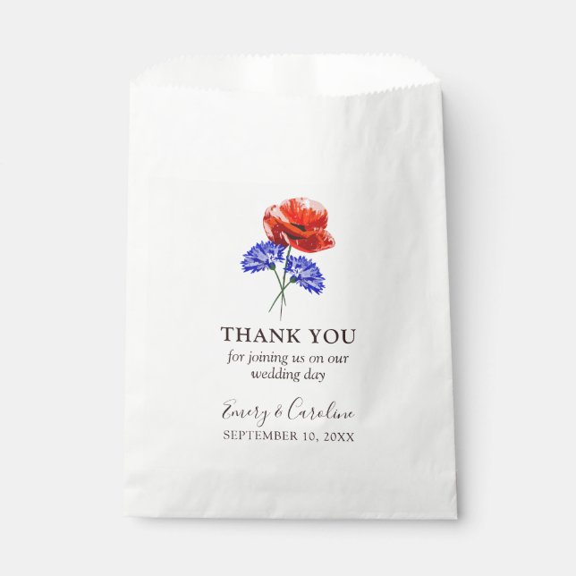 Sachets En Papier Coquelicot rouge Bleuet Mariage rustique Merci (Devant)