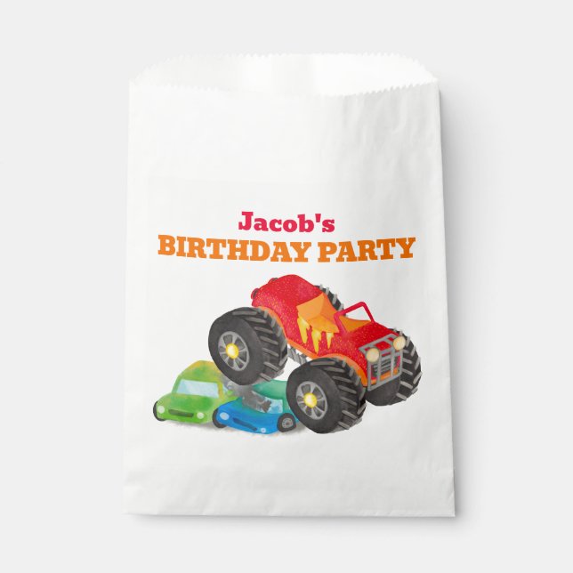 Sachets En Papier Couleur d'eau de la fête d'anniversaire du Camion  (Devant)
