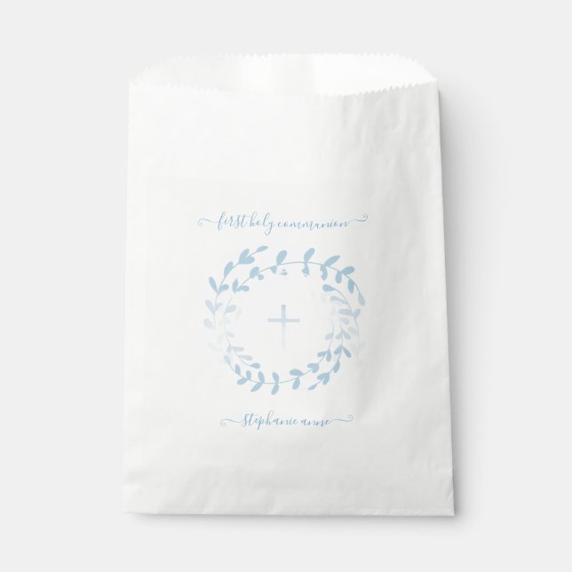 Sachets En Papier Courbe et croix bleu communion (Devant)