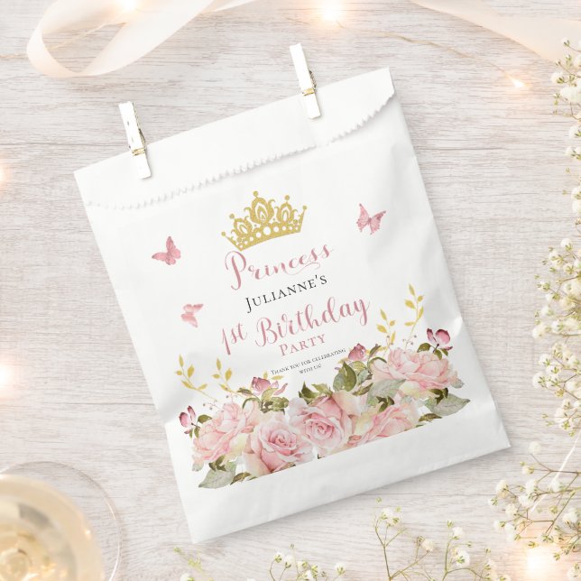 Sachets En Papier Couronne | Papillons Floral Princess 1er anniversa (Coupé)