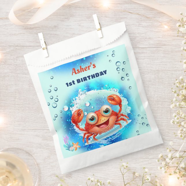 Sachets En Papier Crabe Turquoise 1er anniversaire Pool Party Custom (Coupé)