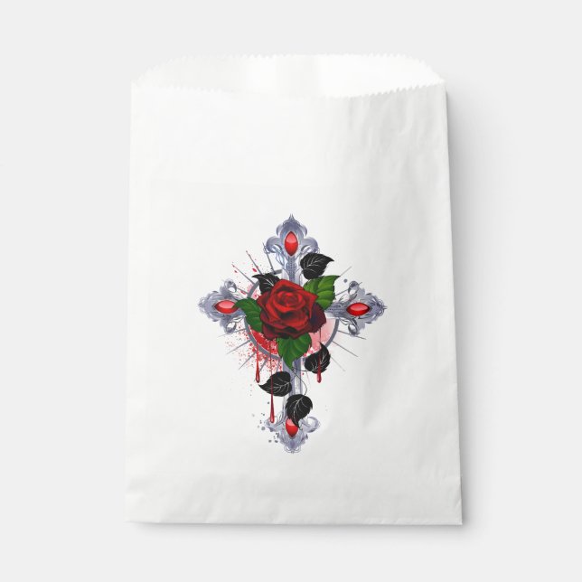 Sachets En Papier Croix d'argent avec une rose rouge (Devant)