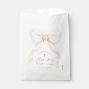 Sachets En Papier Croix dorée de première communion avec nœud en ivo