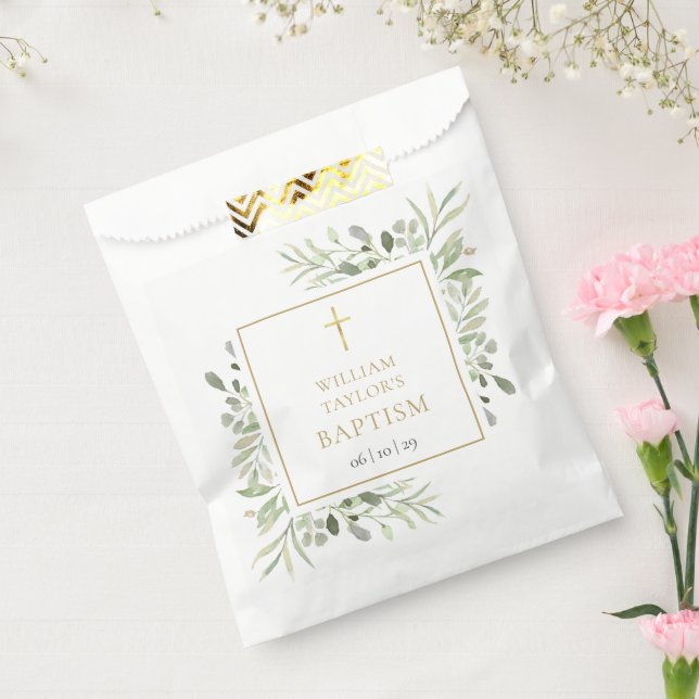 Sachets En Papier Croix dorée de verdure Baptême (Scellé)