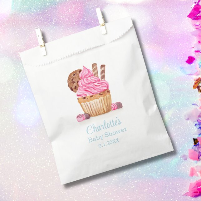 Sachets En Papier Cupcake Rose Aquarelle Au Baby shower Chocolé (Créateur téléchargé)