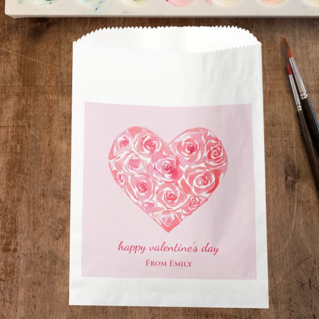 Sachets En Papier Custom Pink Aquarelle Rose Coeur Saint-Valentin (Pretty pink watercolor heart custom text favor gift bag. Personalize for Valentine’s Day gifts favor)