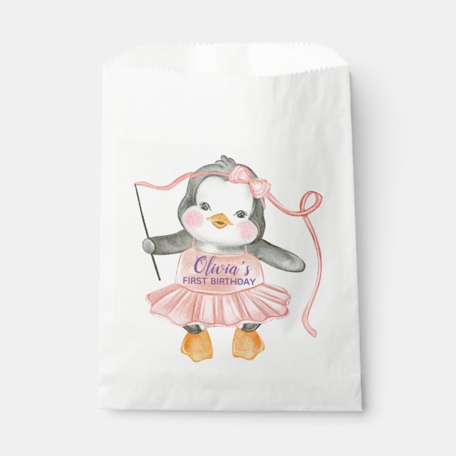 Sachets En Papier Cute Ballerina Penguin rose 1er anniversaire (Devant)