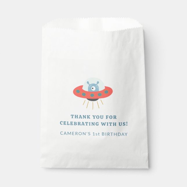 Sachets En Papier Cute Blue Alien vaisseau 1er anniversaire Personna (Devant)