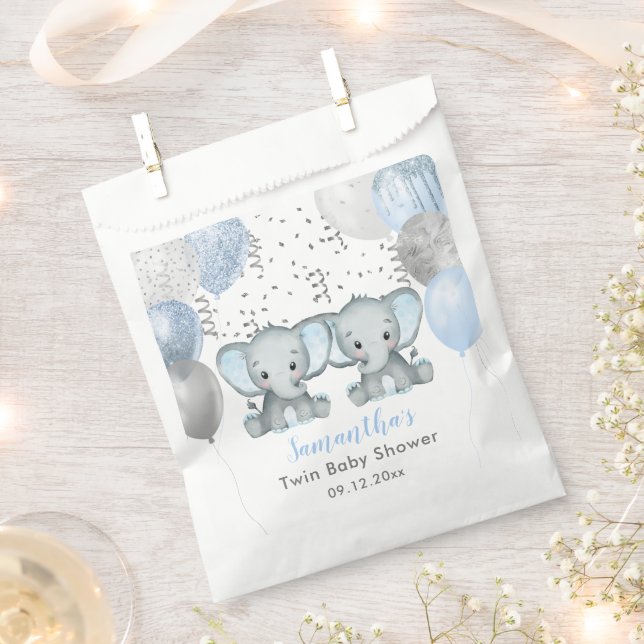 Sachets En Papier Cute Elephant Twin Boys Balloon Baby shower (Coupé)
