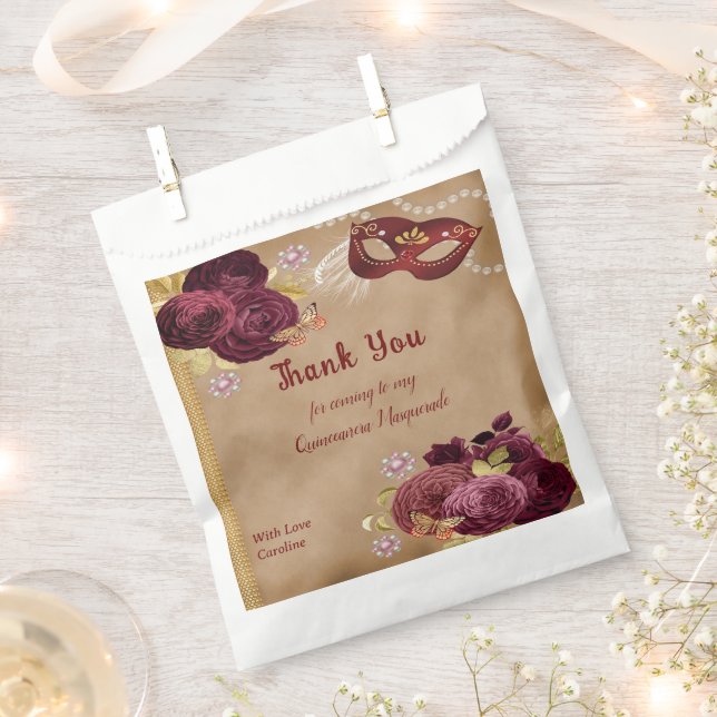 Sachets En Papier Cute Quinceañera Masquerade Burgundy English Roses (Coupé)