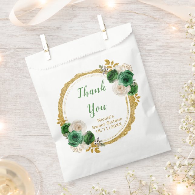 Sachets En Papier Dark Green and Gold Elegant Flowers Sweet Sixteen (Coupé)