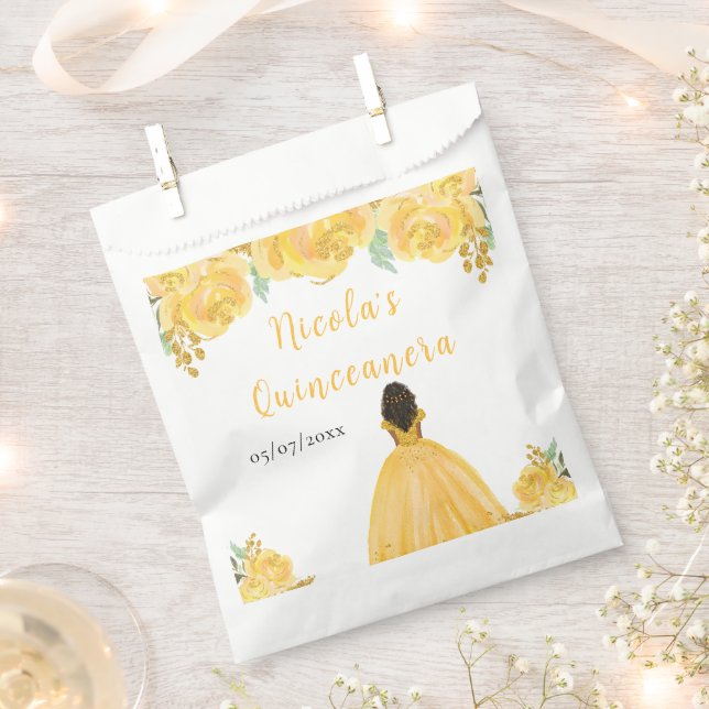 Sachets En Papier Dark Skin Princess Gold Floral Quinceanera (Coupé)
