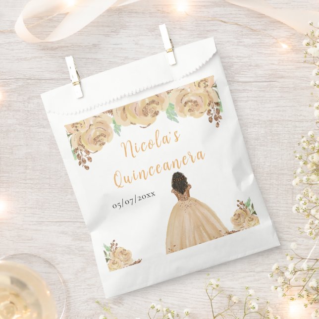 Sachets En Papier Dark Skin Princess Peach Floral Quinceanera (Coupé)