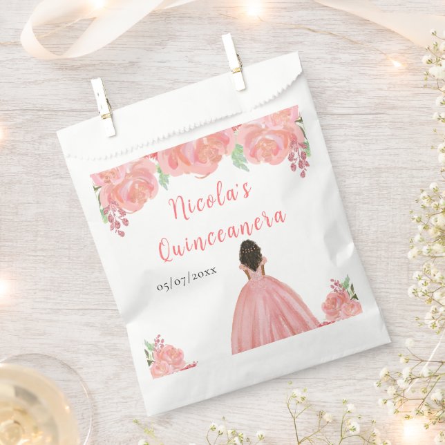 Sachets En Papier Dark Skin Princess Pink Floral Quinceanera (Coupé)