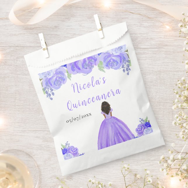 Sachets En Papier Dark Skin Princess Purple Floral Quinceanera (Coupé)