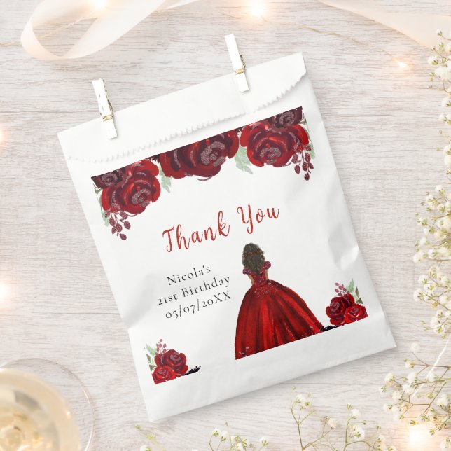 Sachets En Papier Dark Skin Princess Red Floral Birthday (Coupé)