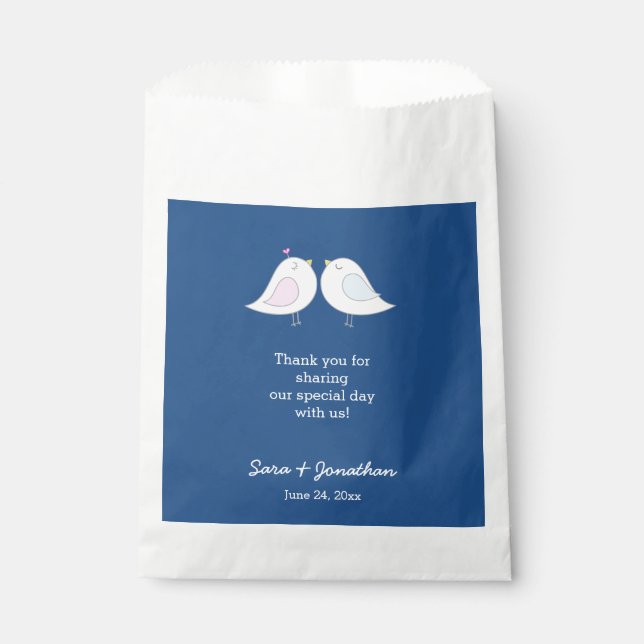 Sachets En Papier De mignons Inséparables sur le Merci Mariage bleu  (Devant)