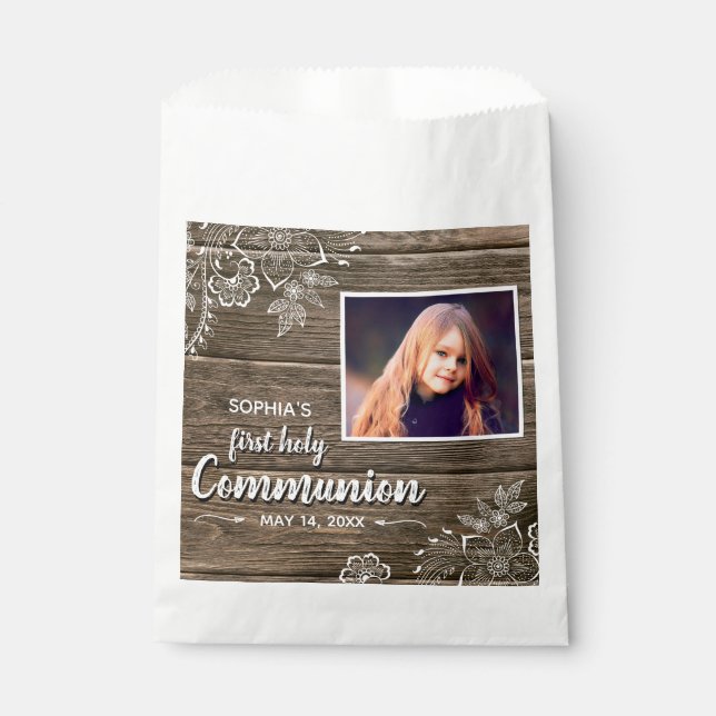 Sachets En Papier Dentelle rustique en bois Première sainte communio (Devant)