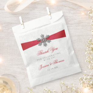 Sachets En Papier Diamante Flocon de neige et Ruban rouge Mariage d'