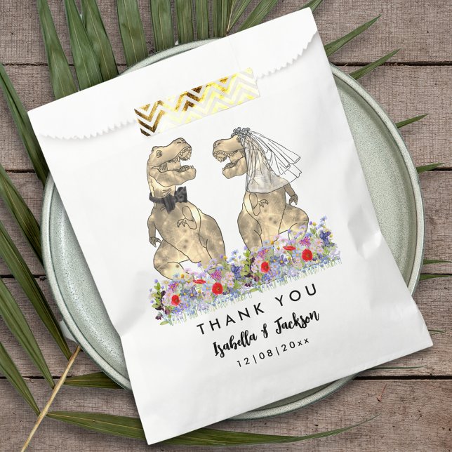 Sachets En Papier Dinosaur Thème Mariage Merci (T-Rex bride and groom funny dinosaur wedding personalized thank you favor bag colorful wildflowers )