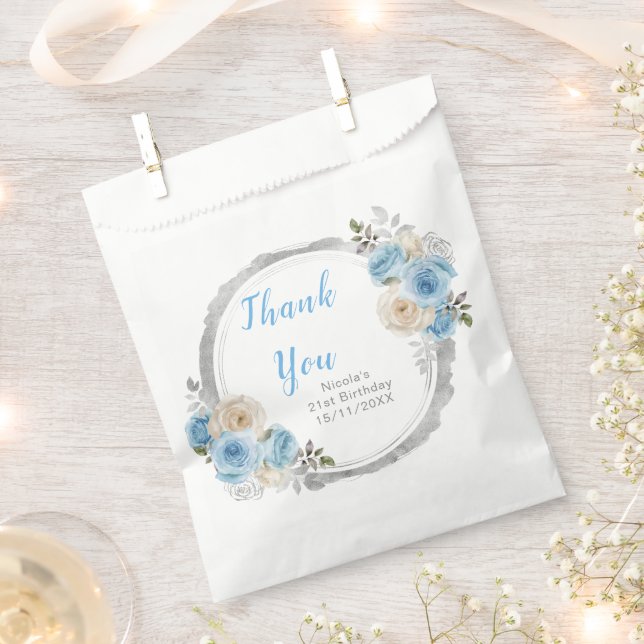 Sachets En Papier Dusty Blue Silver Elegant Flowers Birthday Party (Coupé)