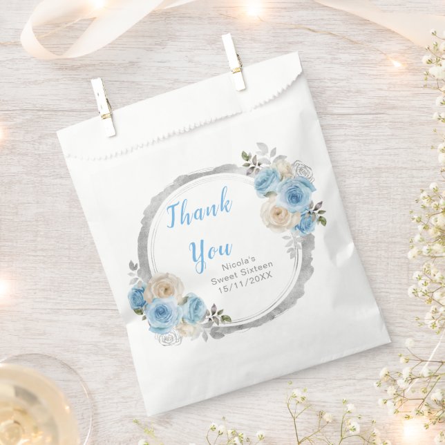 Sachets En Papier Dusty Blue Silver Elegant Flowers Sweet Sixteen (Coupé)