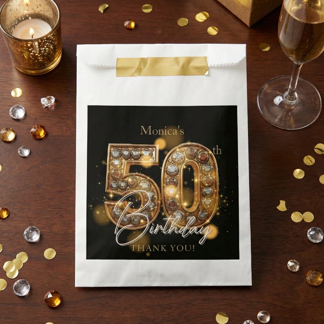 Sachets En Papier Elegant 50th Birthday Black Gold Gems Sparkle (Créateur téléchargé)