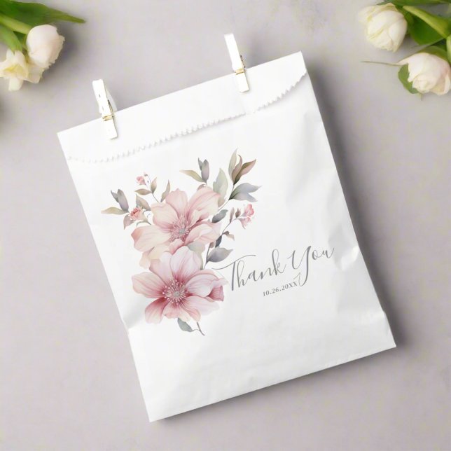 Sachets En Papier Élégant aquarelle rose pâle floral Merci (Créateur téléchargé)