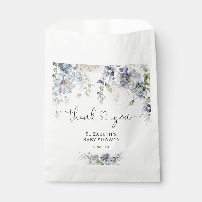 Sachets En Papier Elégant Baby shower floral d'aquarelle bleue (Devant)