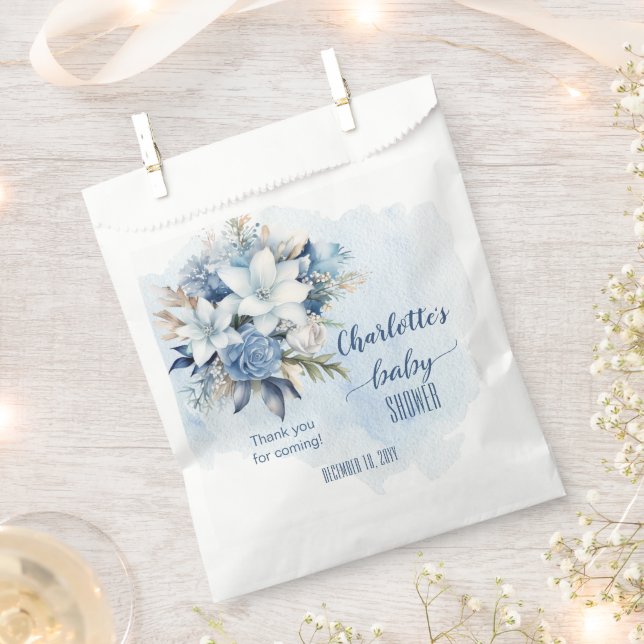 Sachets En Papier Elégant Baby shower Floral d'hiver bleu (Coupé)