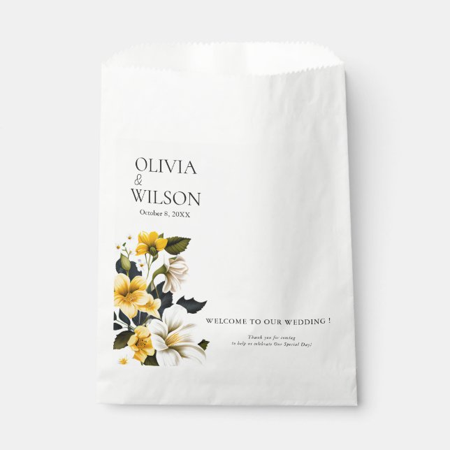 Sachets En Papier Elégant blanc et jaune Mariage Floral Bienvenue (Devant)