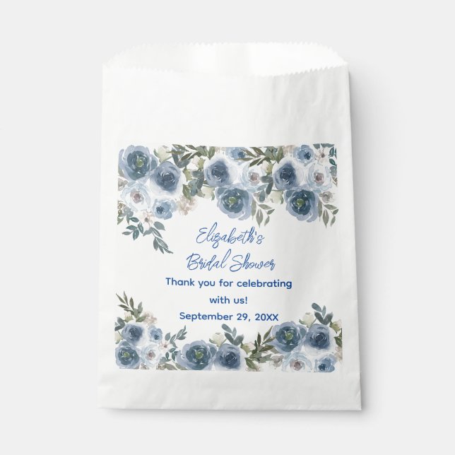 Sachets En Papier Élégant bleu blanc floral douche de mariée  (Devant)