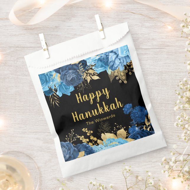 Sachets En Papier Elegant Blue and Gold Flowers Hanukkah Party (Coupé)