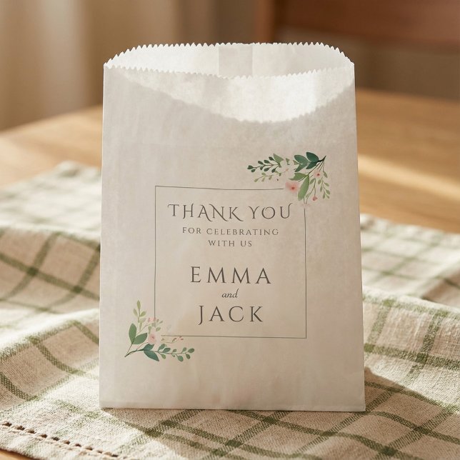 Sachets En Papier Élégant cadre fleuri vert et rose mariage (Elegant green and pink floral frame wedding favor bag.)