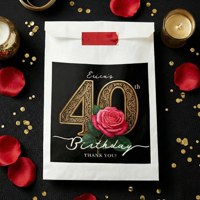 Sachets En Papier Elegant Chic Black Gold 40th Birthday Red Rose (Créateur téléchargé)