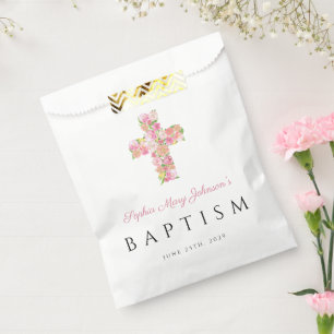 Sachets En Papier Élégant culte rose floral croix Baptême