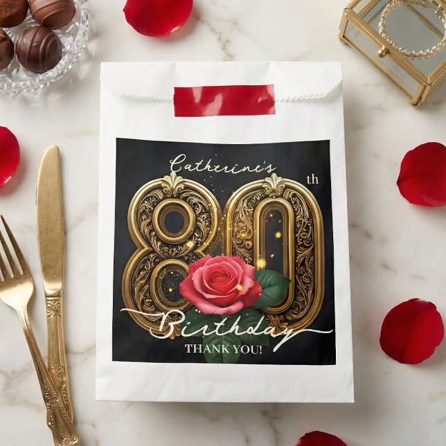 Sachets En Papier Elegant Gold 80th Birthday Red Rose Floral Black (Créateur téléchargé)