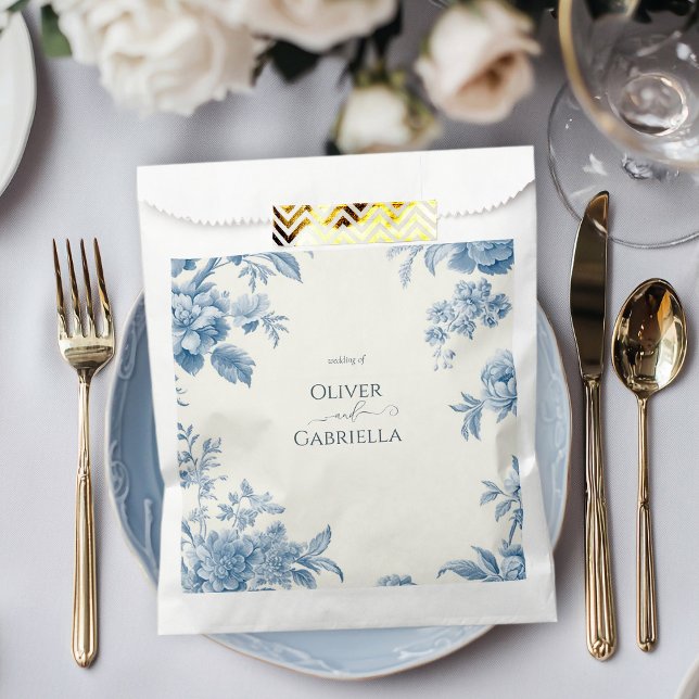 Sachets En Papier Élégant Mariage Floral bleu toile française (Créateur téléchargé)