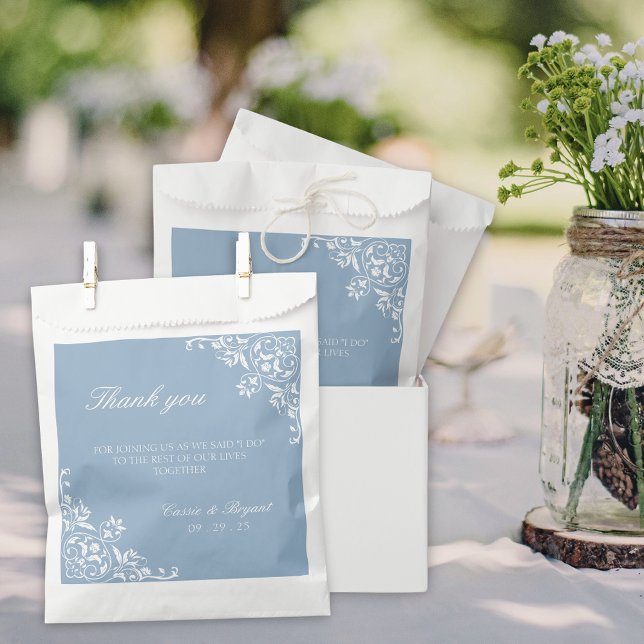 Sachets En Papier Elégant Merci Mariage bleu et blanc Dusty (elegant dusty blue and white wedding favor bags for bridal party or thank you gifts for guests)