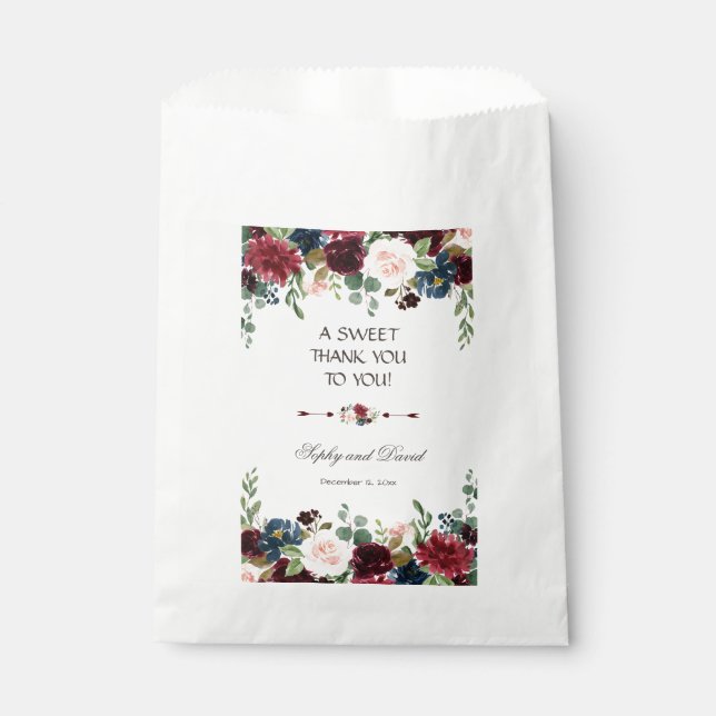 Sachets En Papier Elégant Merlot Marine bleu Mariage Floral MERCI (Devant)