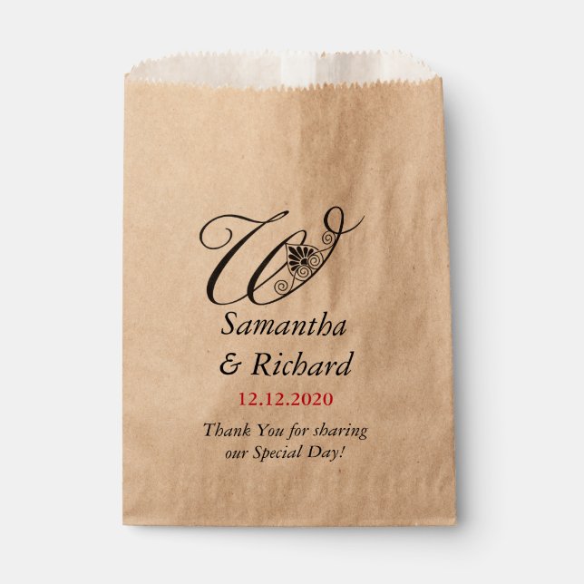 Sachets En Papier Élégant Monogramme personnalisé W | MERCI MARIAGE (Devant)