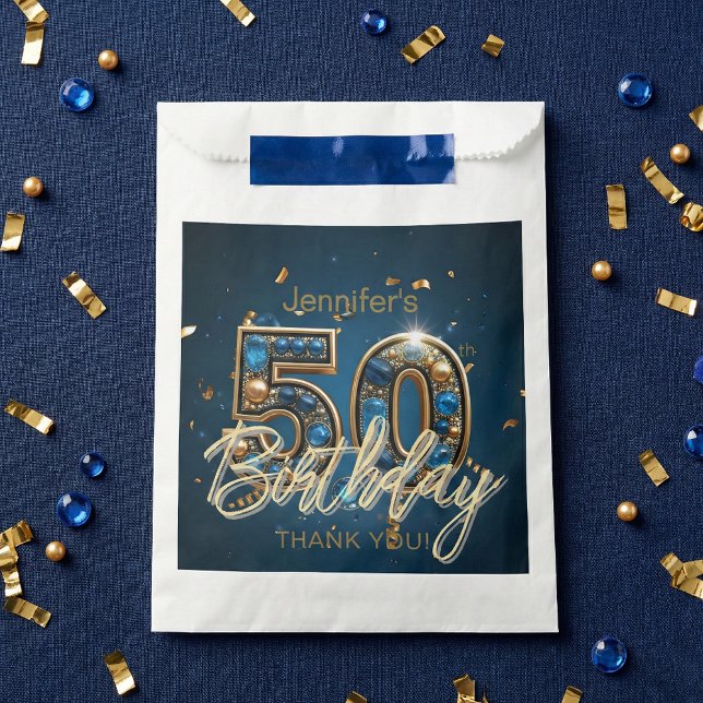 Sachets En Papier Elegant Navy Blue Gold Sapphire Gems 50th Birthday (Créateur téléchargé)