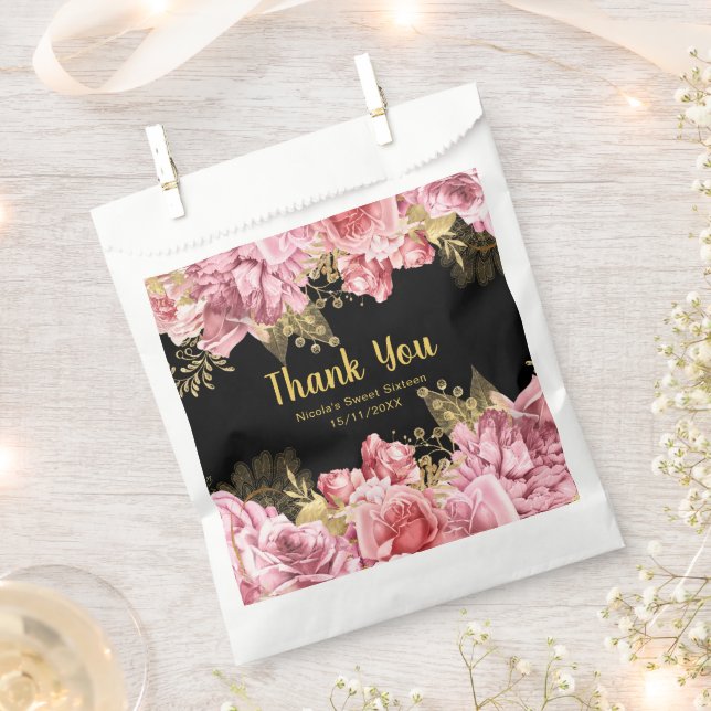 Sachets En Papier Elegant Pink and Gold Flowers Birthday Party (Coupé)
