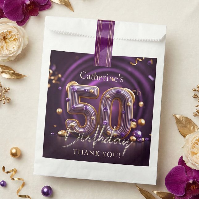 Sachets En Papier Elegant Purple Gold 50th Birthday Party Thank You (Créateur téléchargé)
