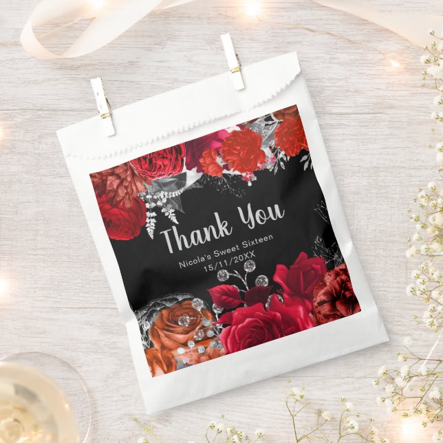 Sachets En Papier Elegant Red and Silver Flowers Sweet Sixteen  (Coupé)