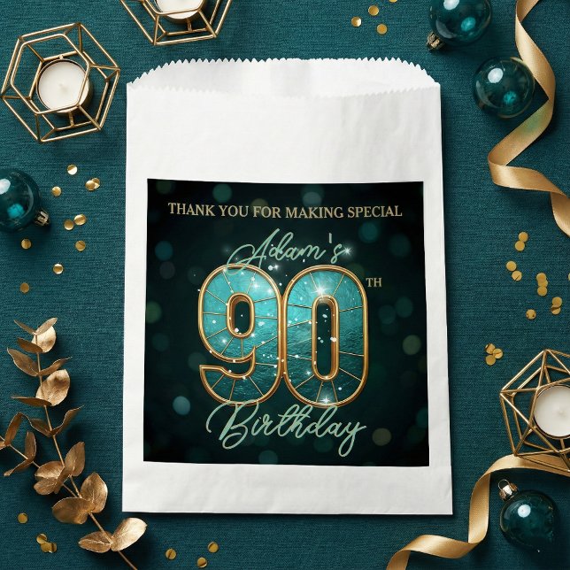 Sachets En Papier Elegant Shiny Teal Gold 90th Birthday Party (Créateur téléchargé)