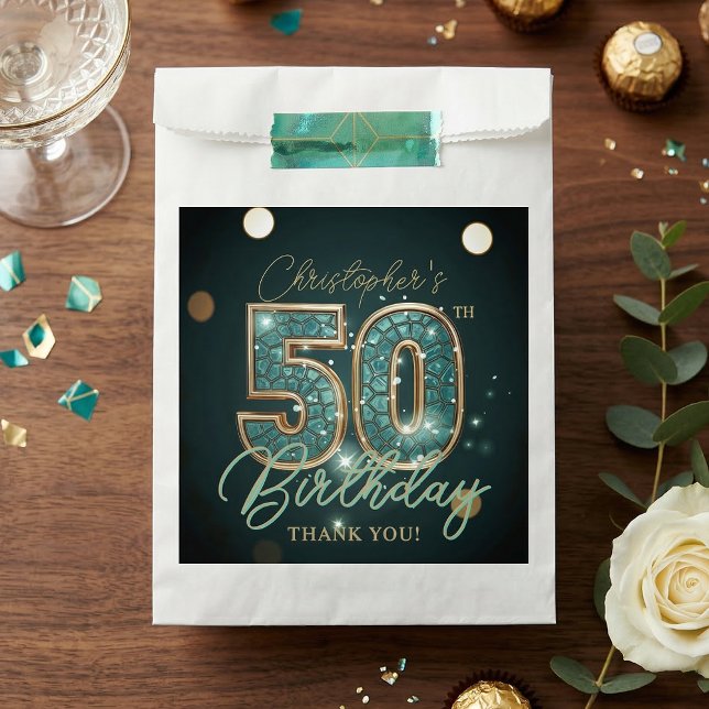 Sachets En Papier Elegant Teal and Gold 50th Birthday Thank You (Créateur téléchargé)