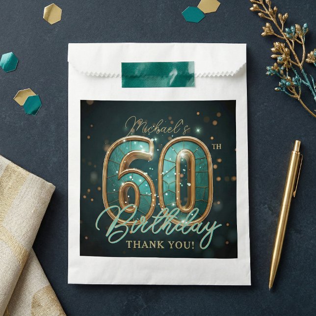 Sachets En Papier Elegant Teal Gold 60th Birthday Party Thank You (Créateur téléchargé)