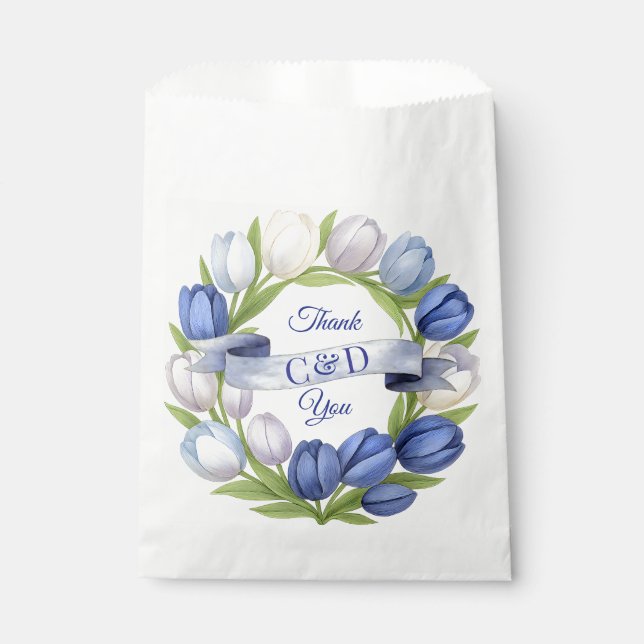 Sachets En Papier Elégante aquarelle Tulipe Mariage de couronne bleu (Devant)